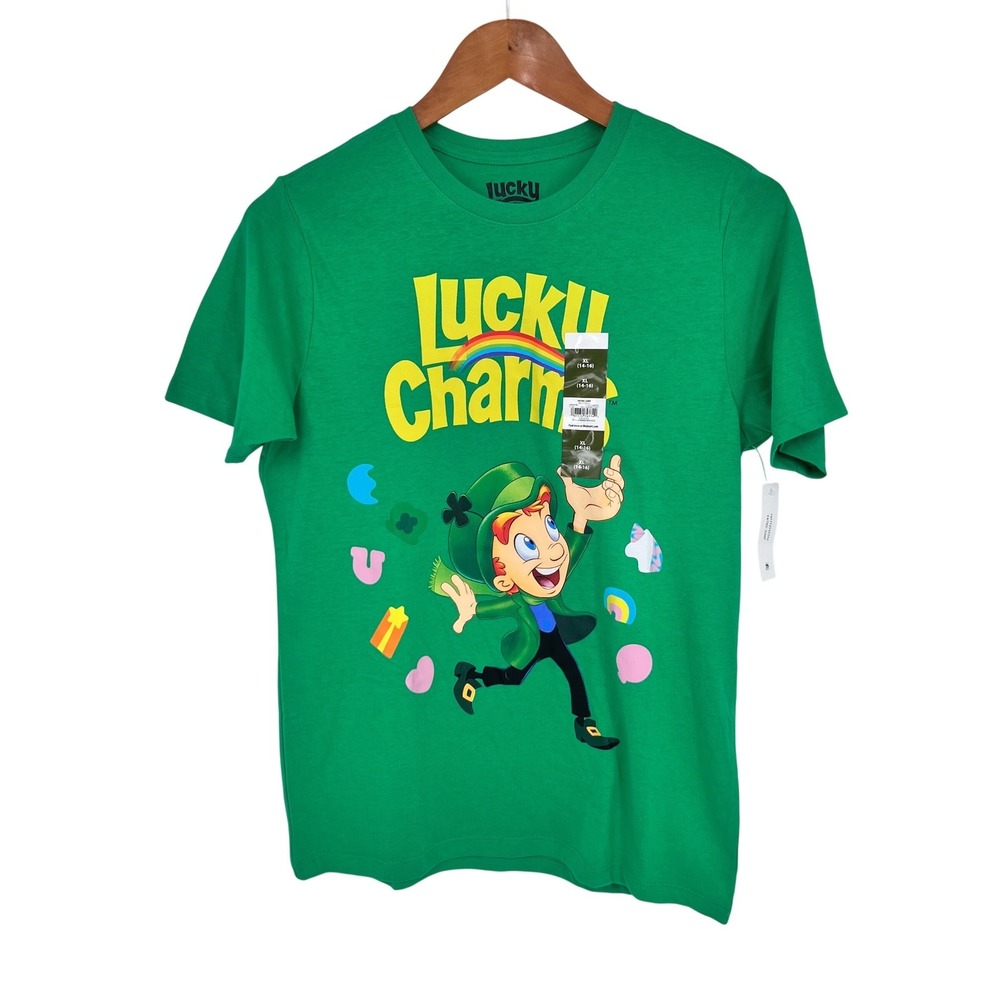 Lucky Charms Graphic T-Shirt Kids XL 14/16 Green Leprechaun Cereal Mascot Retro